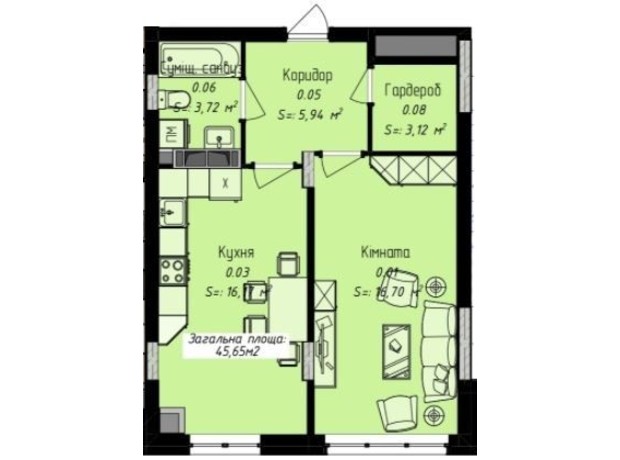 ЖК Джем Сити: планировка 1-комнатной квартиры 45.65 м²