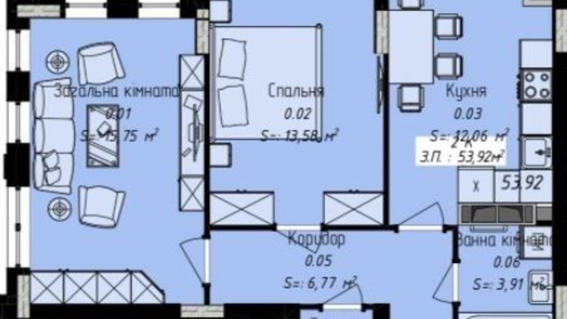 Планировка 2-комнатной квартиры в ЖК Джем Сити 53.92 м², фото 327810