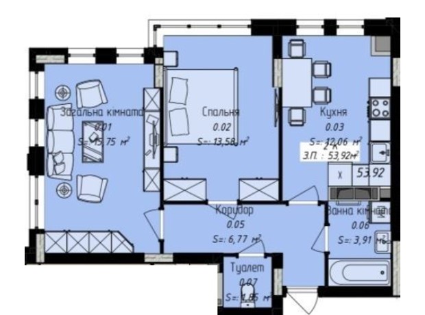 ЖК Джем Сити: планировка 2-комнатной квартиры 53.92 м²