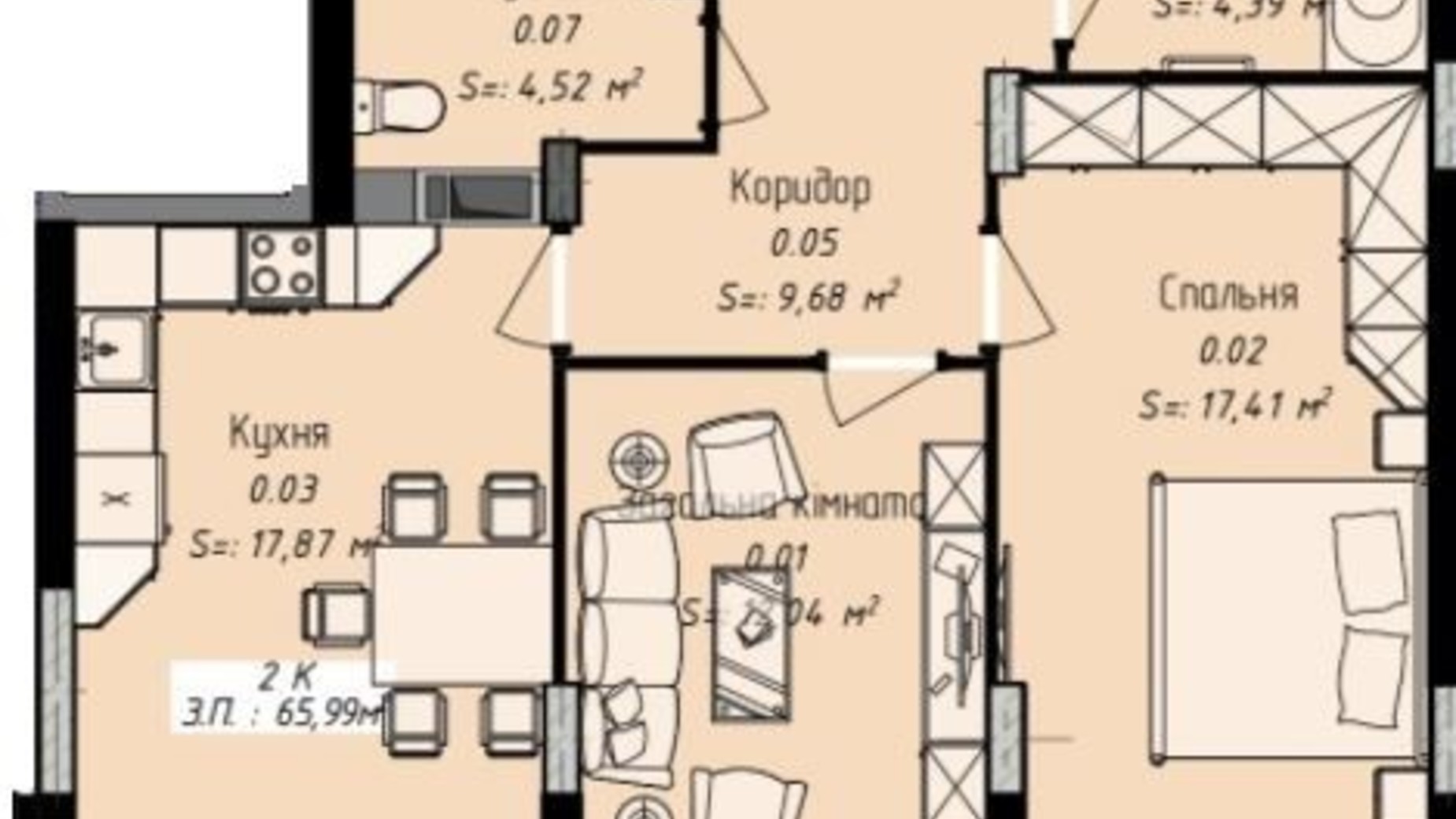 Планировка 2-комнатной квартиры в ЖК Джем Сити 66.07 м², фото 327815
