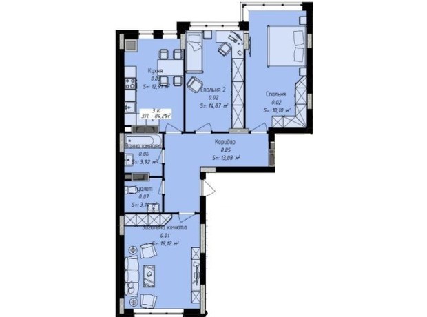 ЖК Джем Сіті: планування 3-кімнатної квартири 89.5 м²