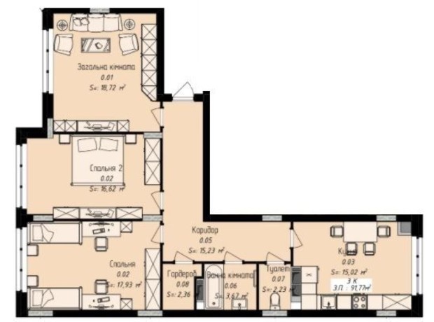 ЖК Джем Сіті: планування 3-кімнатної квартири 91.77 м²