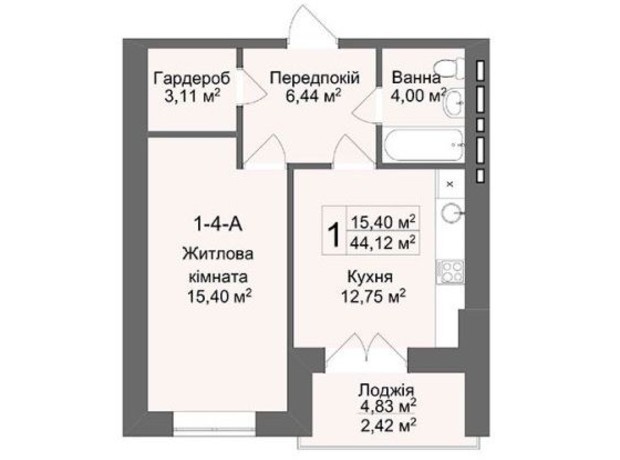 ЖК Кофе с молоком: планировка 1-комнатной квартиры 44.1 м²