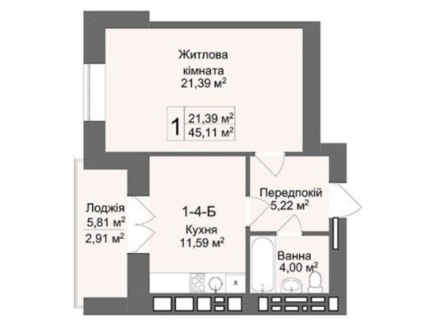 ЖК Кофе с молоком: планировка 1-комнатной квартиры 45.1 м²