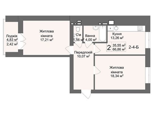 ЖК Кофе с молоком: планировка 2-комнатной квартиры 66.79 м²