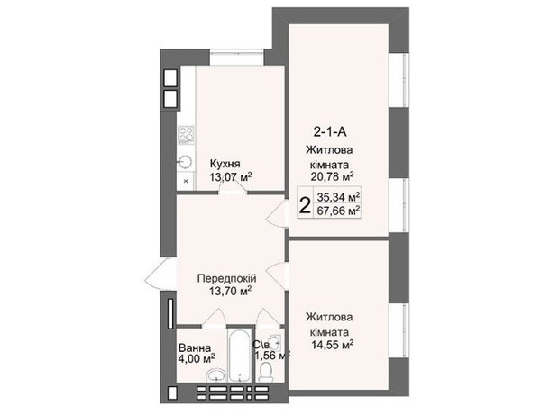 ЖК Кофе с молоком: планировка 2-комнатной квартиры 67.24 м²