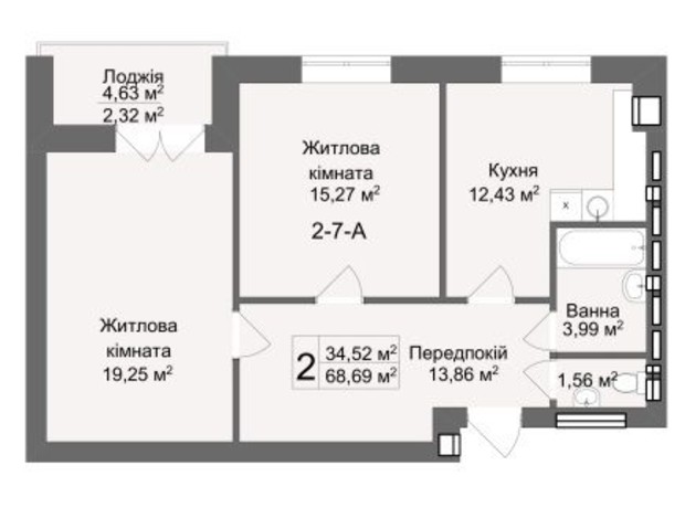 ЖК Кофе с молоком: планировка 2-комнатной квартиры 68.34 м²