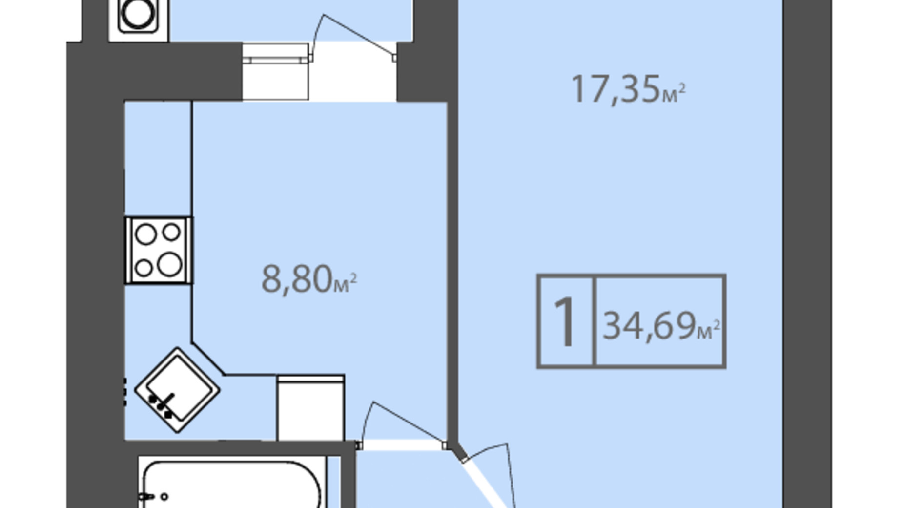 Планування 1-кімнатної квартири в ЖК Європейський квартал 34.69 м², фото 328122