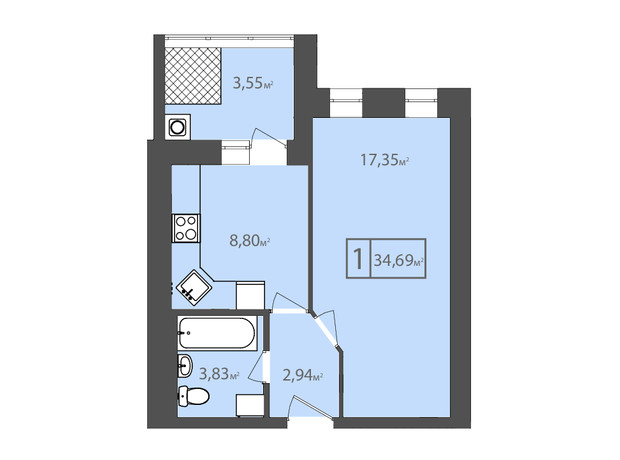 ЖК Европейский квартал: планировка 1-комнатной квартиры 34.69 м²