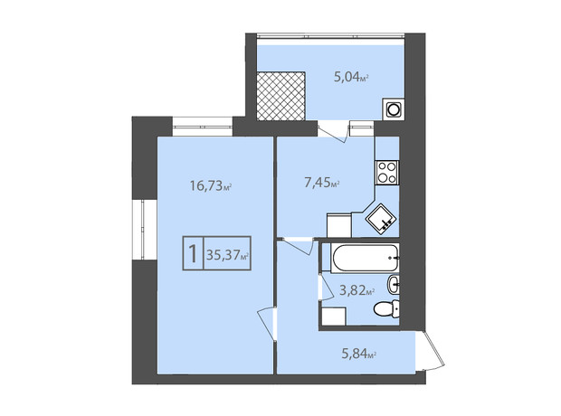 ЖК Європейський квартал: планування 1-кімнатної квартири 35.37 м²