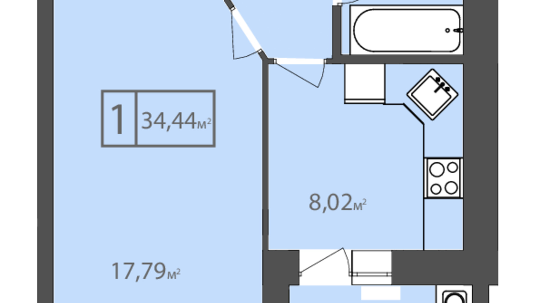 Планування 1-кімнатної квартири в ЖК Європейський квартал 34.44 м², фото 328127