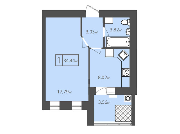 ЖК Европейский квартал: планировка 1-комнатной квартиры 34.44 м²