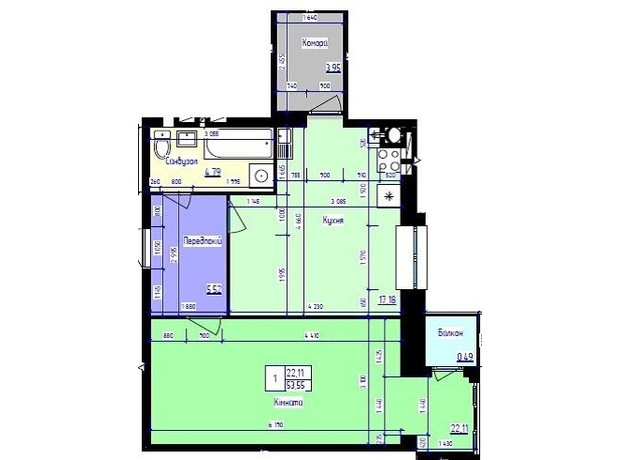 ЖК Парковый Лайф: планировка 1-комнатной квартиры 53.55 м²