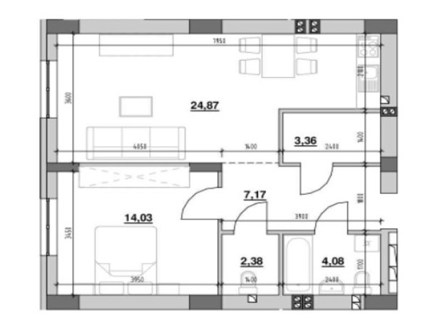 ЖК Ріел Сіті: планування 1-кімнатної квартири 56.09 м²