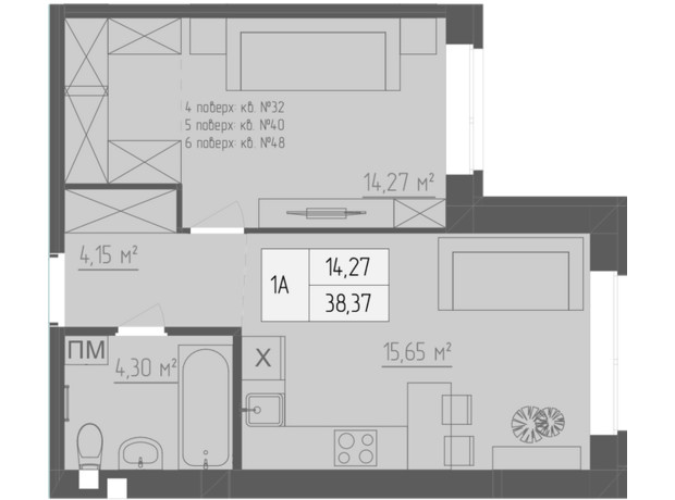 ЖК Abricos: планировка 1-комнатной квартиры 38.37 м²