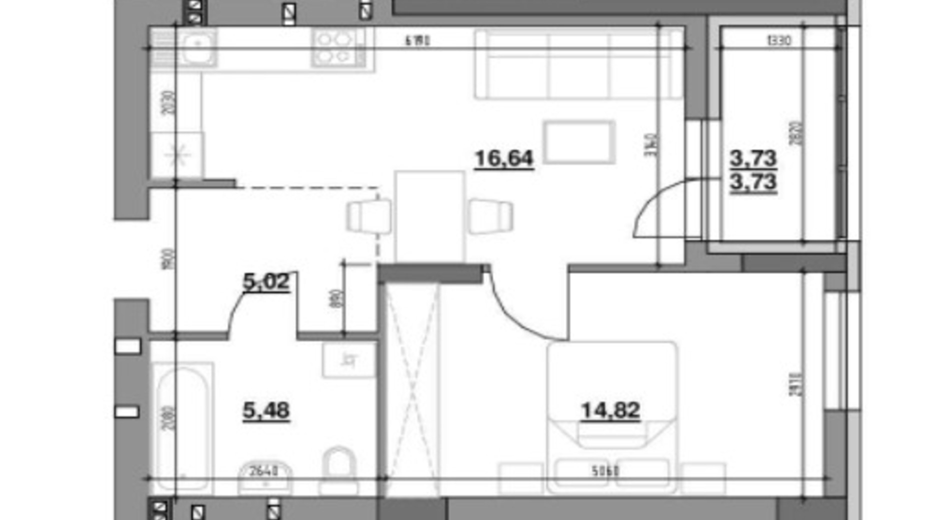 Планування 1-кімнатної квартири в ЖК Ріел Сіті 45.69 м², фото 328334