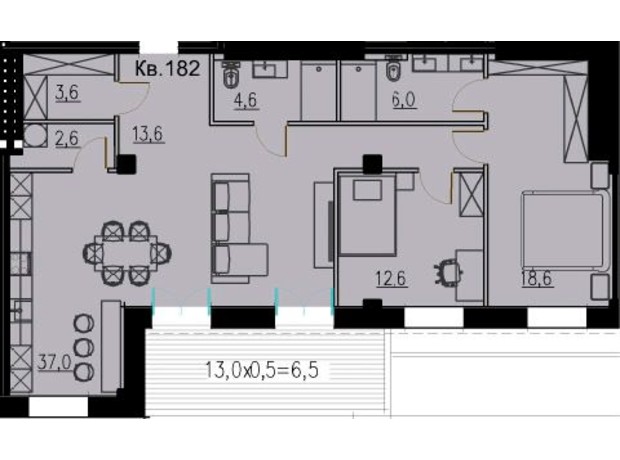 КБ LOFT EGOIST: планування 2-кімнатної квартири 106.5 м²