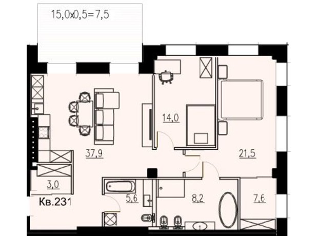 КД LOFT EGOIST: планировка 2-комнатной квартиры 107.5 м²