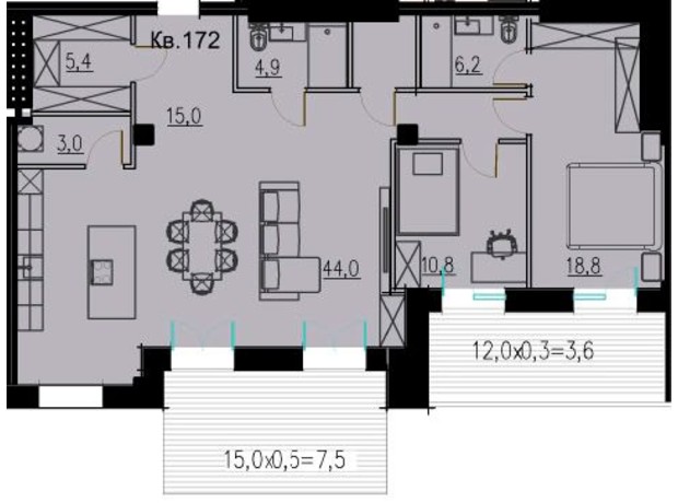 КД LOFT EGOIST: планировка 3-комнатной квартиры 121.1 м²