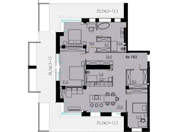 КБ LOFT EGOIST: планування 3-кімнатної квартири 184.9 м²