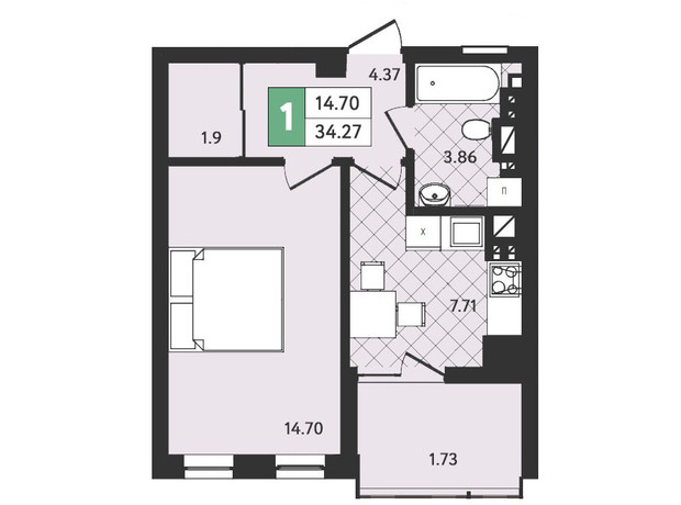 ЖК Ізумрудний: планування 1-кімнатної квартири 34.27 м²