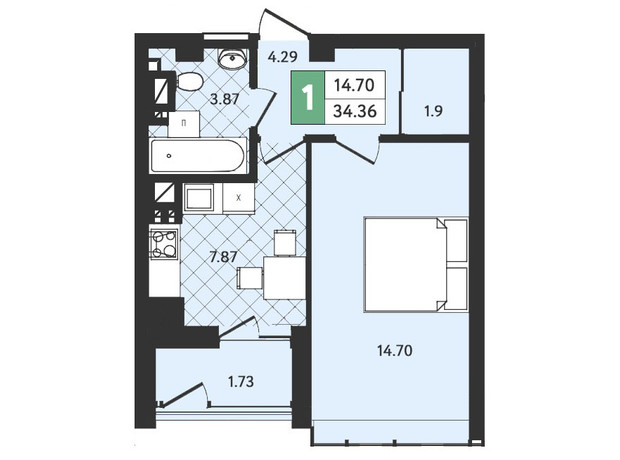 ЖК Ізумрудний: планування 1-кімнатної квартири 34.36 м²