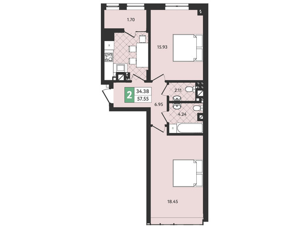 ЖК Ізумрудний: планування 2-кімнатної квартири 57.55 м²