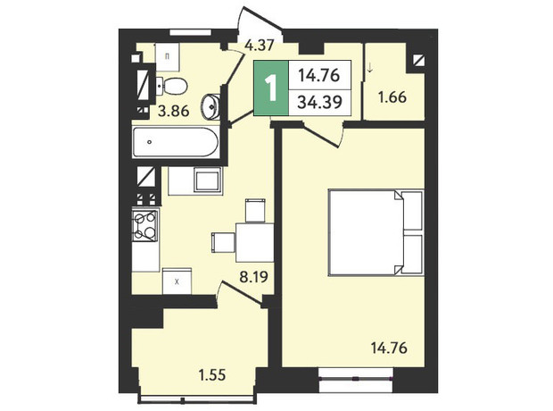 ЖК Ізумрудний: планування 1-кімнатної квартири 34.39 м²