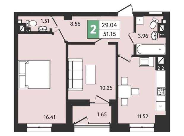 ЖК Ізумрудний: планування 2-кімнатної квартири 51.15 м²