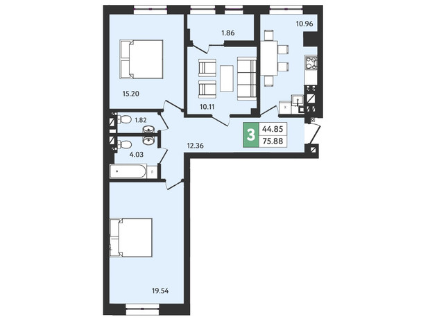ЖК Ізумрудний: планування 3-кімнатної квартири 75.88 м²