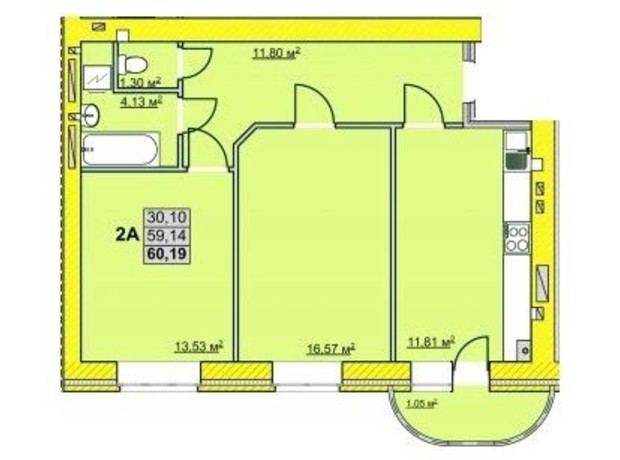 ЖК ул. Успенско-Троицкая, 72/8: планировка 2-комнатной квартиры 60.19 м²