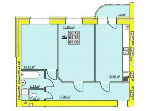 ЖК ул. Успенско-Троицкая, 72/8: планировка 2-комнатной квартиры 65.88 м²