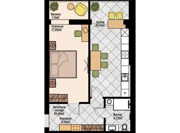 ЖК Щаслива Сім'я: планування 1-кімнатної квартири 55.45 м²