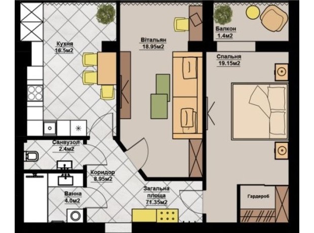 ЖК Щаслива Сім'я: планування 2-кімнатної квартири 71.35 м²