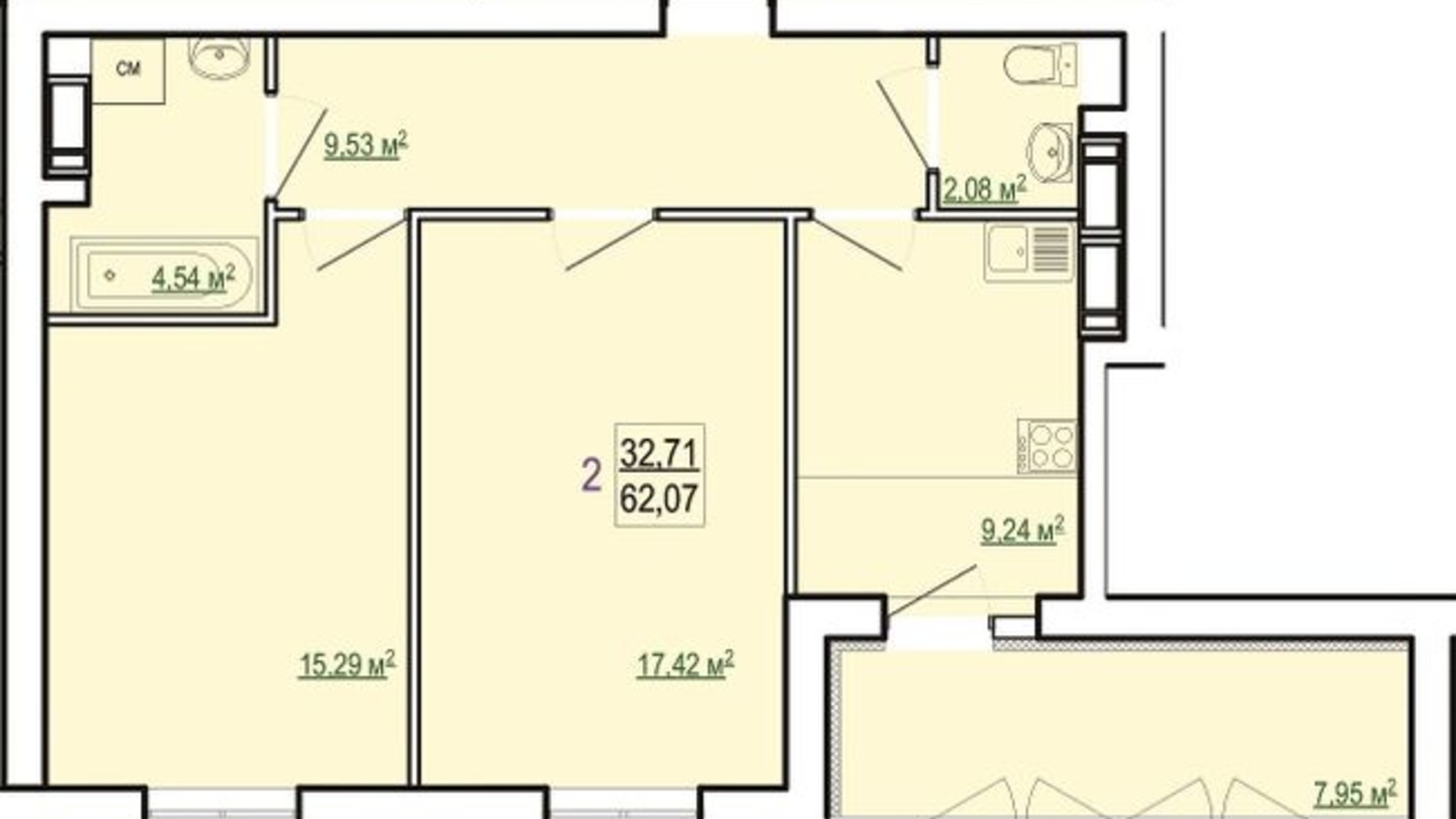 Планування 2-кімнатної квартири в ЖК Казка 62.07 м², фото 328690