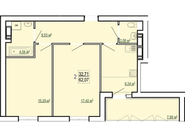 ЖК Сказка: планировка 2-комнатной квартиры 62.07 м²