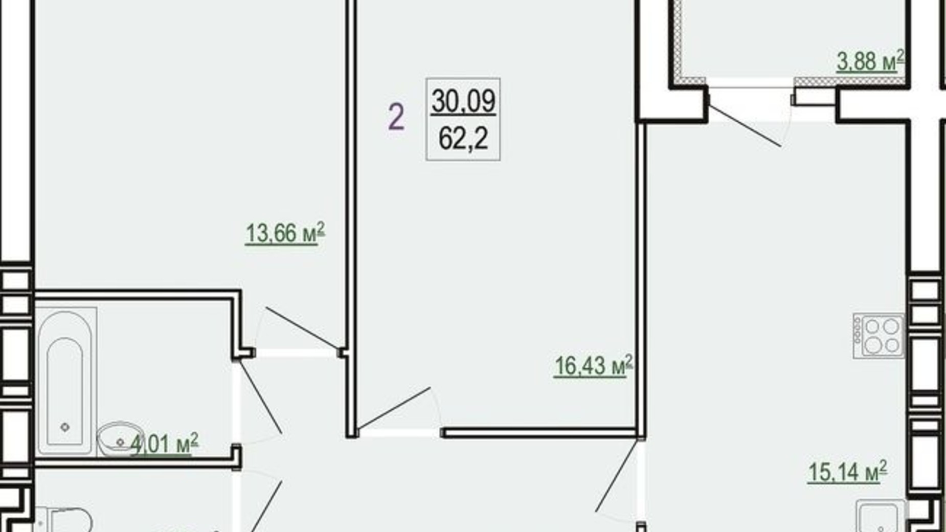 Планування 2-кімнатної квартири в ЖК Казка 62.2 м², фото 328691