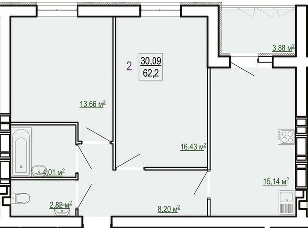 ЖК Казка: планування 2-кімнатної квартири 62.2 м²