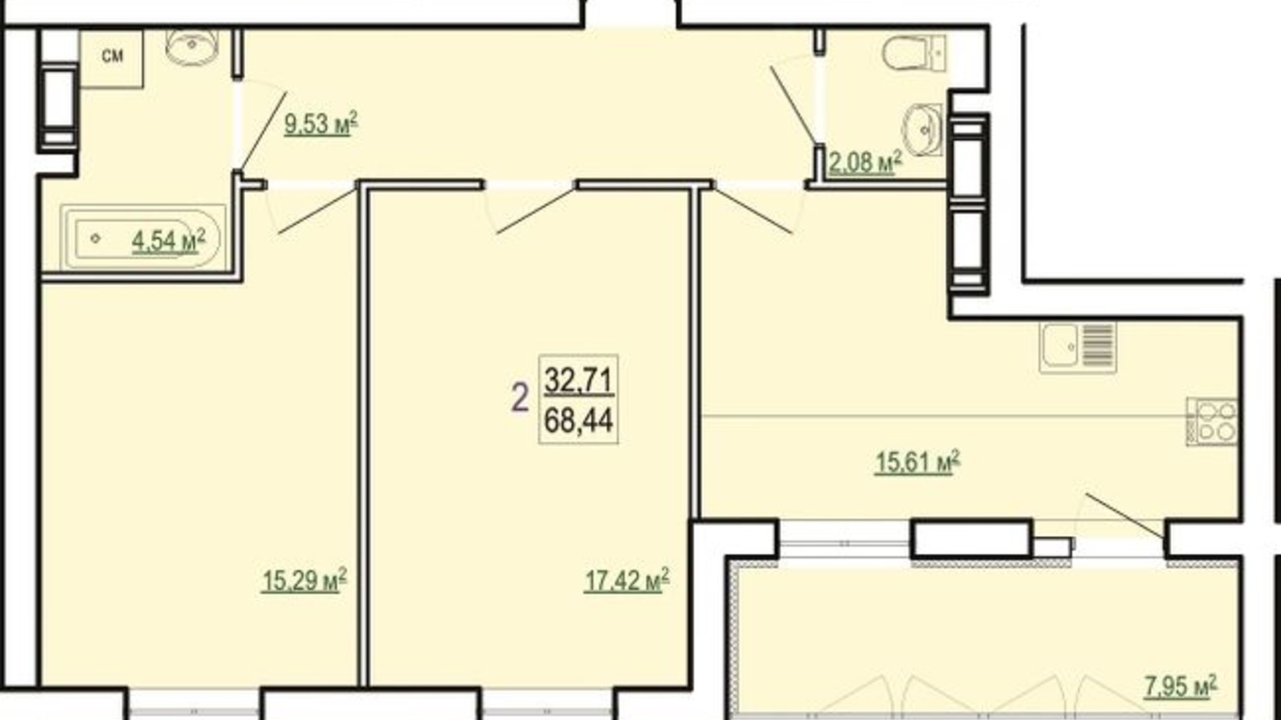 Планування 2-кімнатної квартири в ЖК Казка 68.44 м², фото 328692