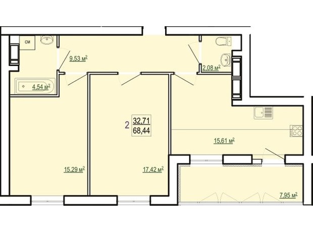 ЖК Казка: планування 2-кімнатної квартири 68.44 м²