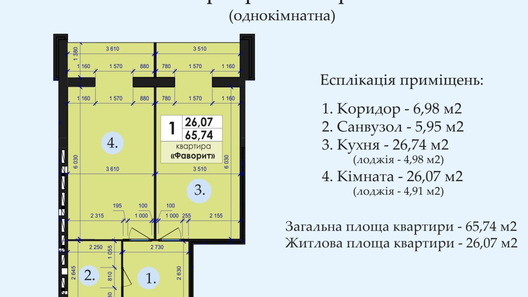 Планування 1-кімнатної квартири в ЖК Петровський квартал 65.74 м², фото 328795