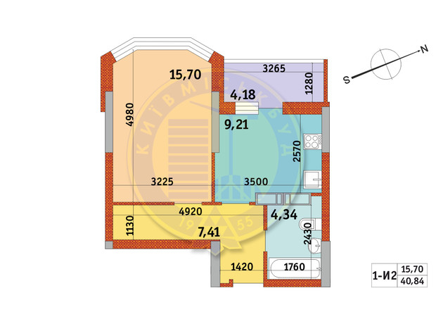 ЖК Оберіг-2: планування 1-кімнатної квартири 40.84 м²