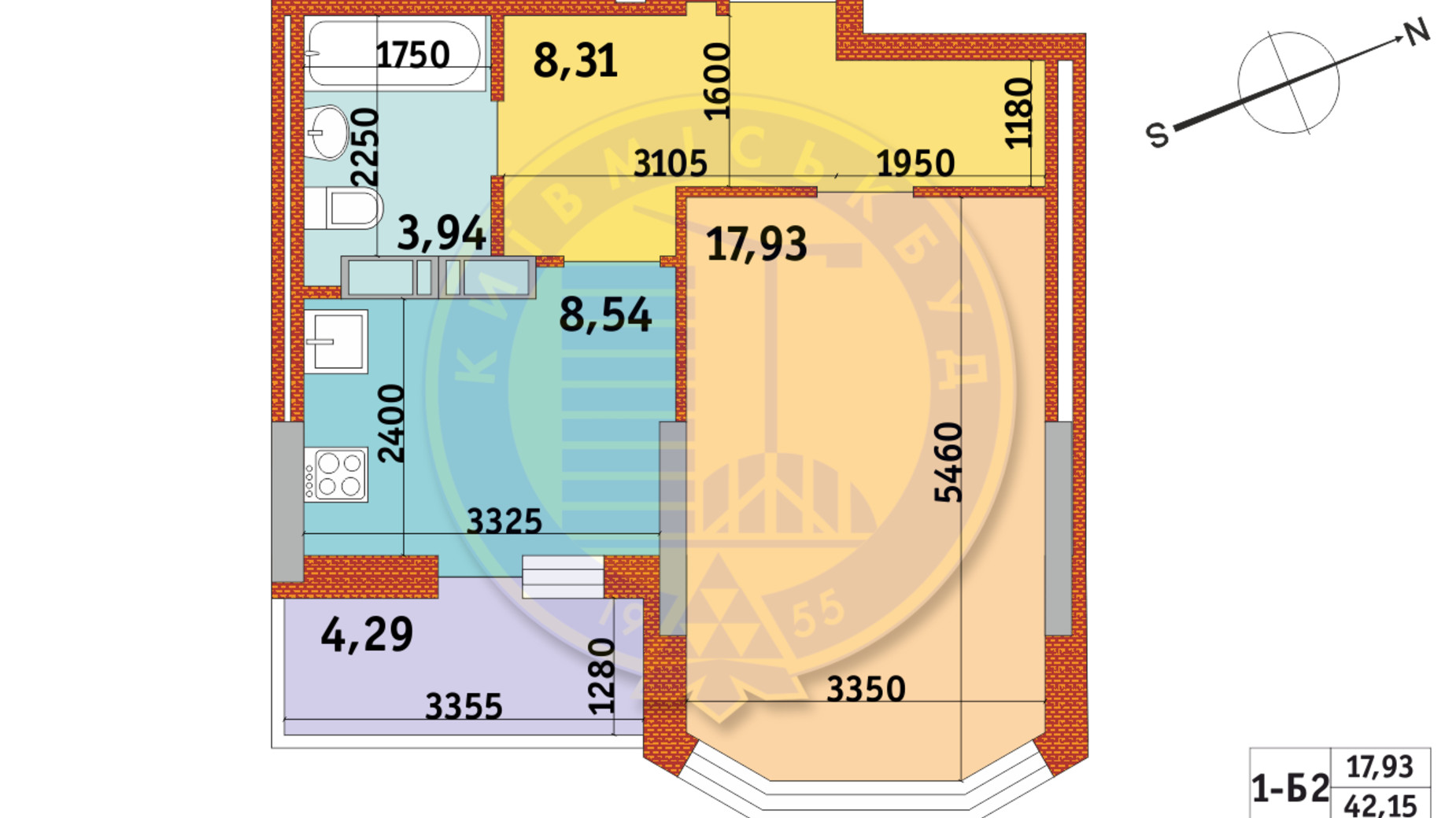 Планировка 1-комнатной квартиры в ЖК Обериг-2 42.15 м², фото 328840