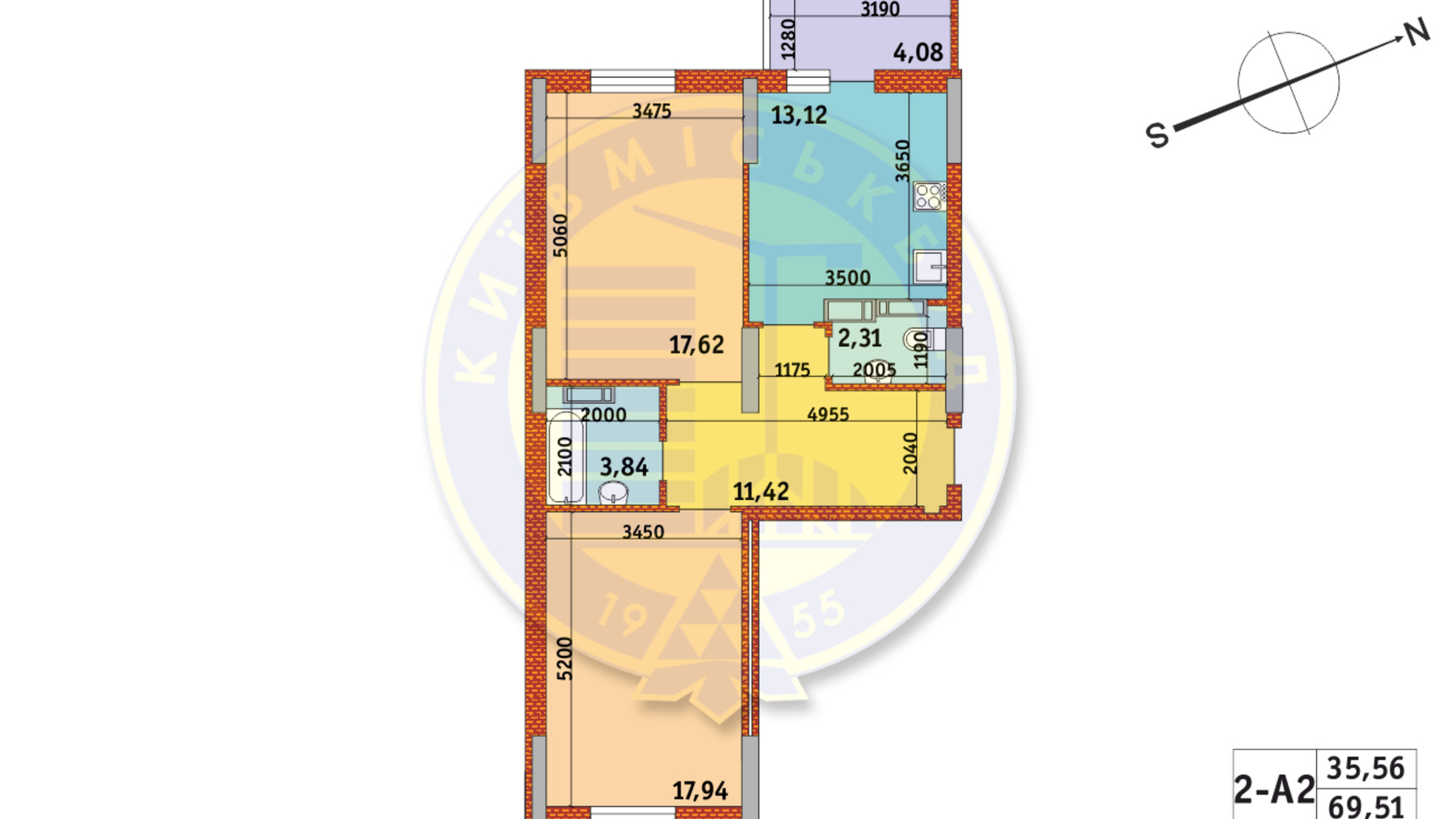 Планування 2-кімнатної квартири в ЖК Оберіг-2 69.51 м², фото 328843