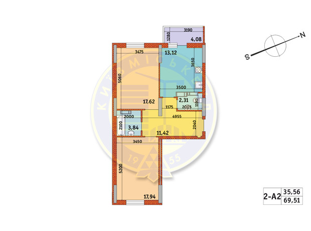 ЖК Обериг-2: планировка 2-комнатной квартиры 69.51 м²