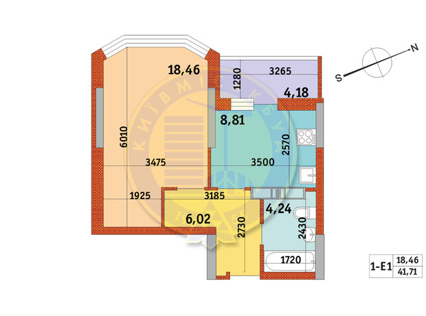 ЖК Обериг-2: планировка 1-комнатной квартиры 41.71 м²