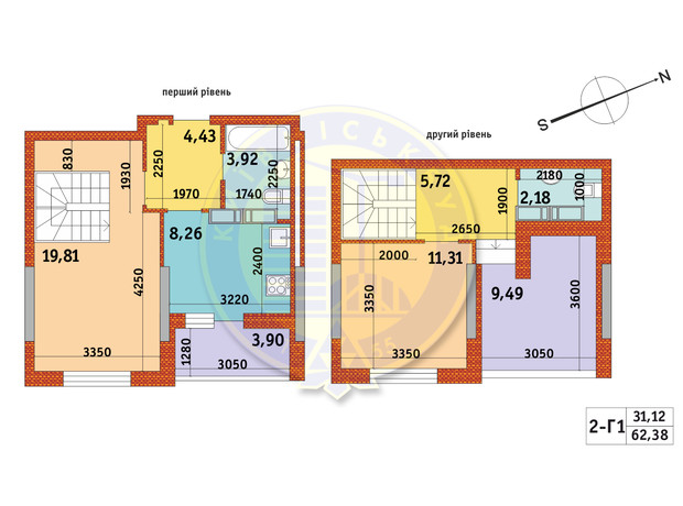 ЖК Обериг-2: планировка 2-комнатной квартиры 62.38 м²