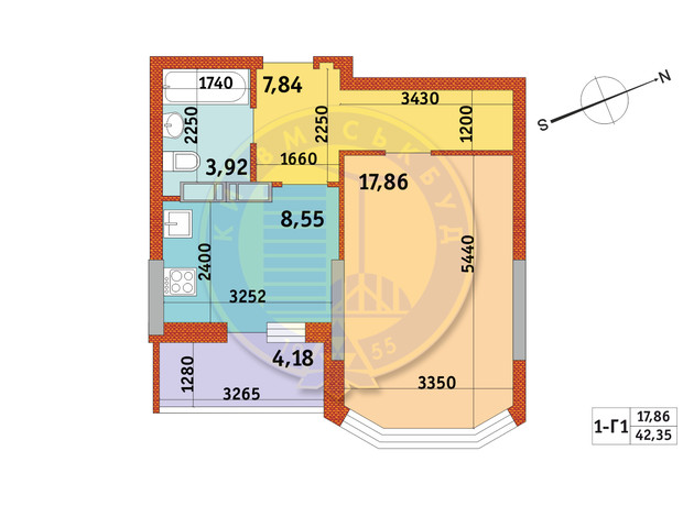 ЖК Обериг-2: планировка 1-комнатной квартиры 42.35 м²