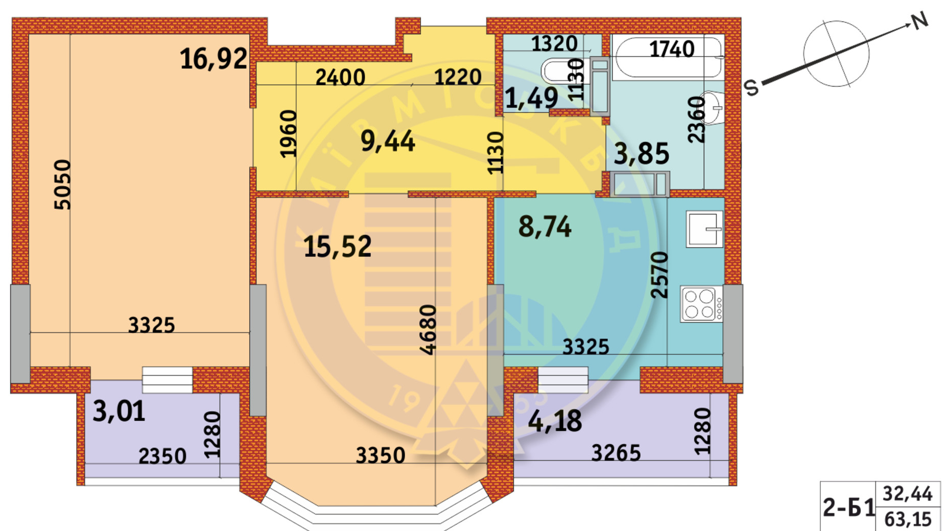 Планування 2-кімнатної квартири в ЖК Оберіг-2 63.15 м², фото 328857