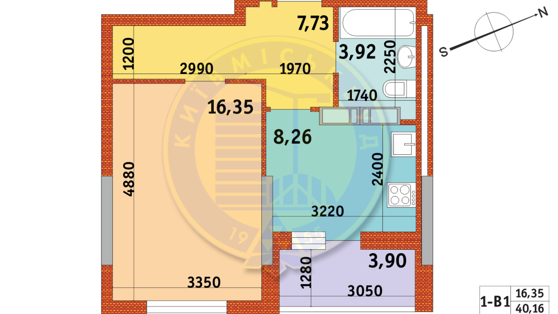 Планування 1-кімнатної квартири в ЖК Оберіг-2 40.16 м², фото 328859